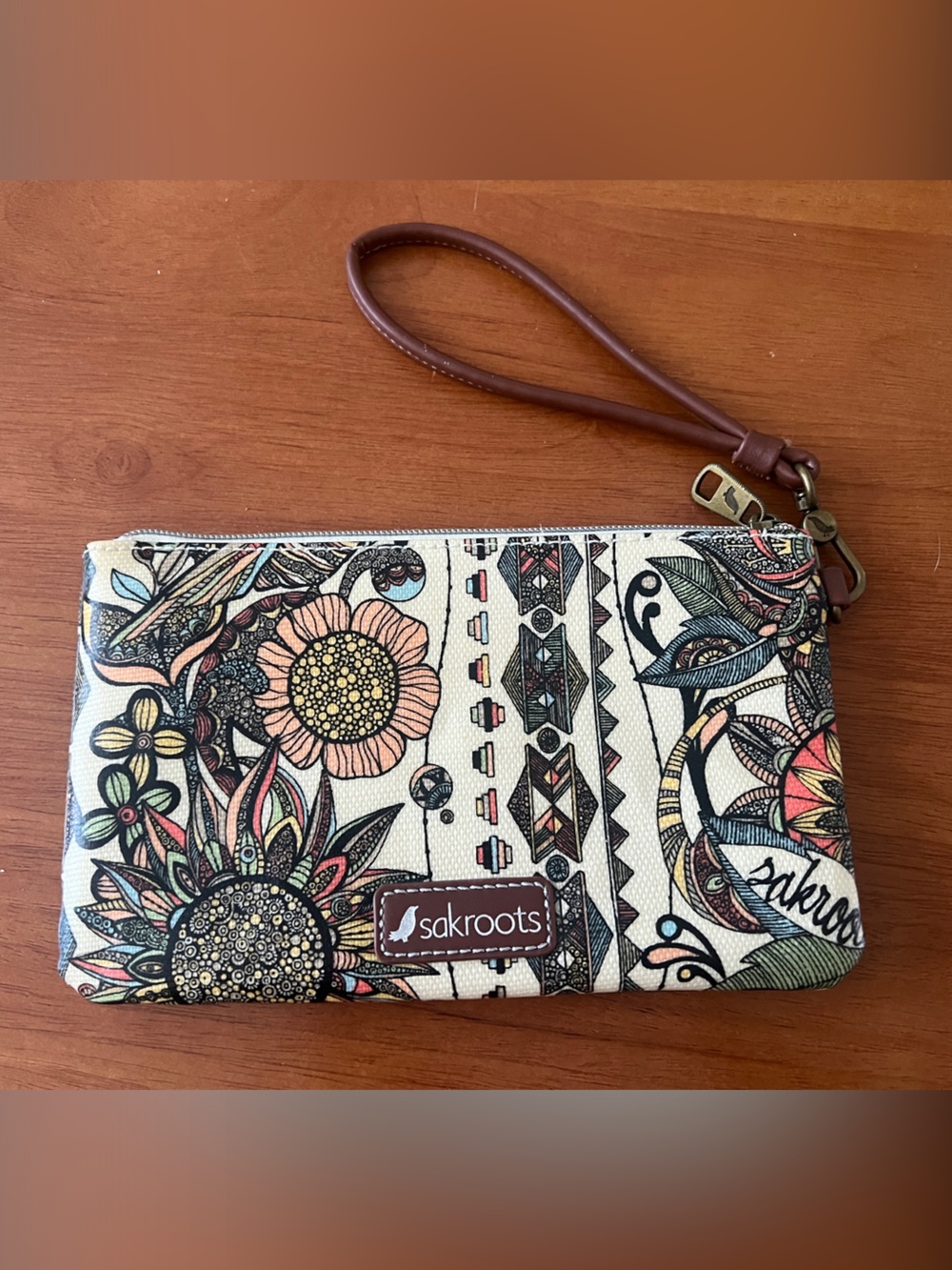 Sakroots Cream Multicolor Floral & Geometric Wristlet